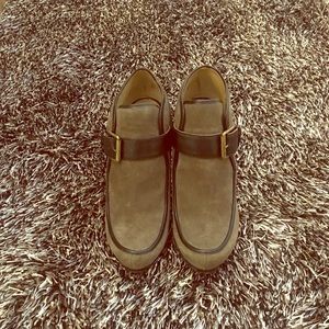 Gray wedge booties. Black trim and black buckle.